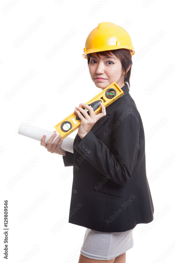 Asian engineer woman with blueprints and level. Asian engineer woman with blueprints and level.