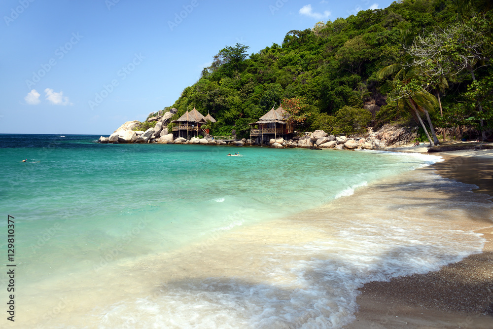 Bungalows hut on a tropical beach with nature background, Koh Tao, Thailand