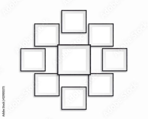 Collage of nine blank wooden photo frames, interiors mock up