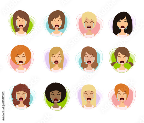Unhappy Woman Crying Set. Sadness Girl Emotions. Set of Depresse
