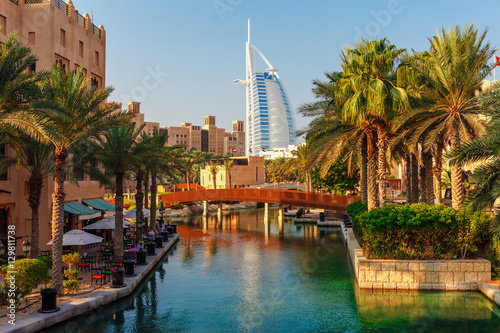 Fototapeta Cityscape with beautiful park with palm trees in Dubai, UAE