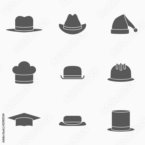 Set of hats monochrome icons. Safety helmet, bowler, top hat, graduation cap, chef, gangster, tourist, cowboy and Santa Claus hats. Vector illustration.