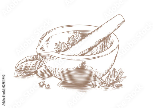 Ceramic mortar with herbs and spices photo