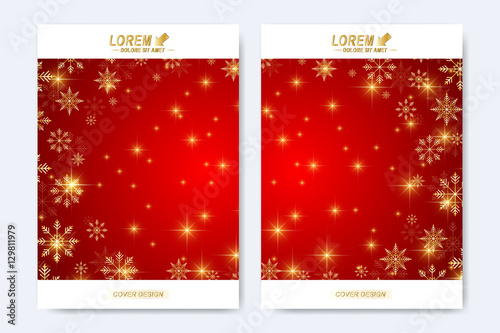Modern vector template for brochure, leaflet, flyer, cover, magazine or annual report. Christmas and Happy New Years Layout in A4 size. Holidays book layout. Winter background with golden snowflakes.