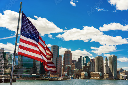 Boston skyline and the United States national flag