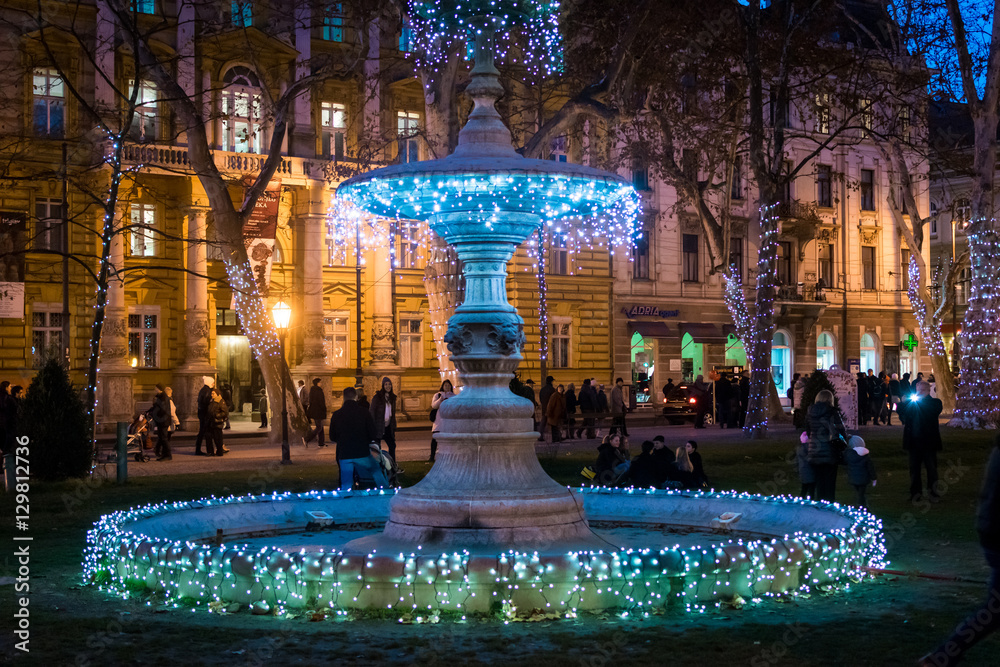 Obraz premium Fountain in christmas lights, evening