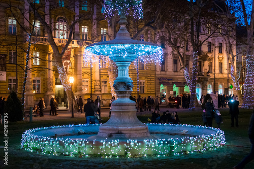 Fountain in christmas lights  evening