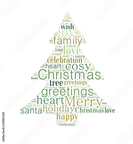 Merry Christmas word cloud shaped as a Christmas tree in green and gold colors