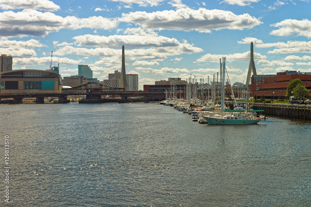 Pier with sailboats at Charles River and Zakim Bridge Boston