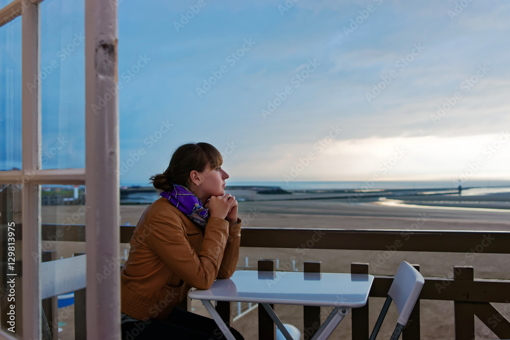 Girl and English Channel in Trouville in Calvados Normandy