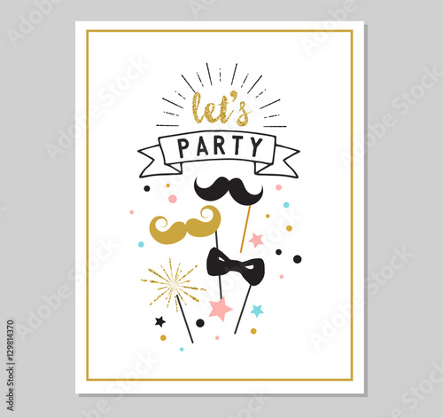 Chic Party glitter greeting card and invitation. Gold hearts, speech bubbles, stars and other elements. Vector element, backgrounds. Gold, pink and blue sparkle, chic style