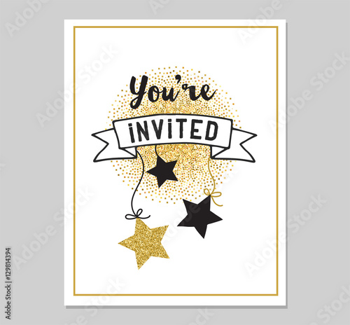 Chic Party glitter greeting card and invitation. Gold hearts, speech bubbles, stars and other elements. Vector element, backgrounds. Gold, pink and blue sparkle, chic style