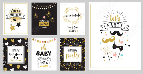 Chick Party glitter greeting cards and invitations. Gold hearts, speech bubbles, stars and other elements. Vector element, backgrounds. Gold, pink and blue sparkle, chic style