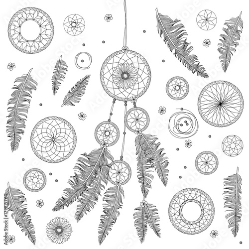 Hand drawn dreamcatcher with various elements to create your own individual dream catcher. Line art. Ethnic design