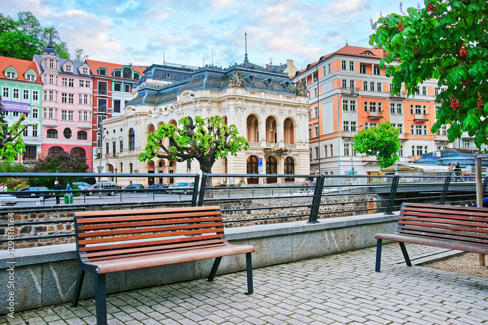Benches at Promenade and Opera House in Karlovy Vary
