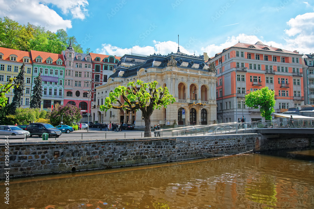 Opera House and Bridge above Tepla River in Karlovy Vary