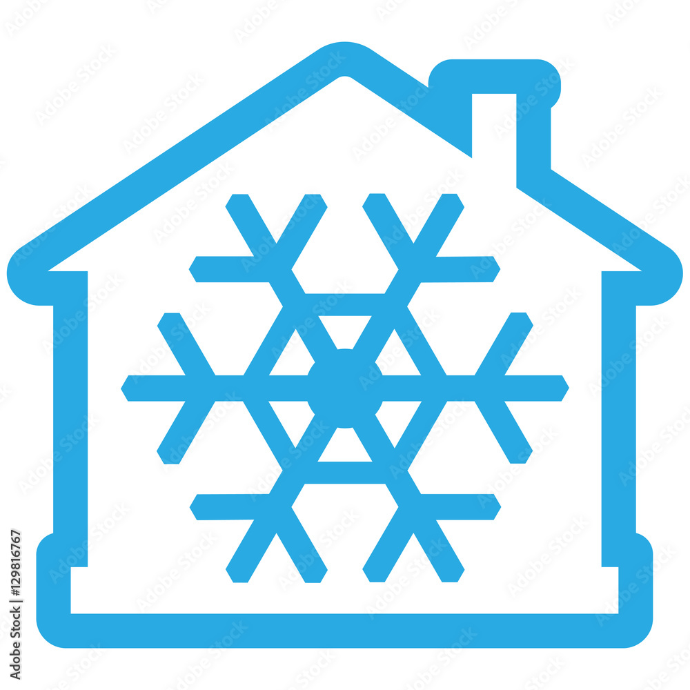 Air conditioner icon, house with snowflake as blue contiur Air conditioner icon, house with snowflake as blue contiur