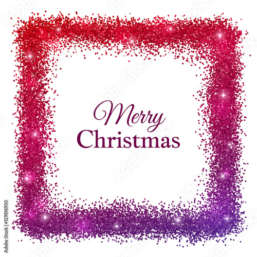Merry Christmas card with red purple glitter frame. Vector