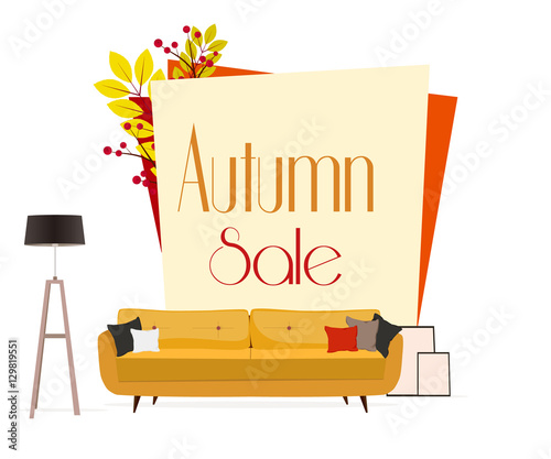 Furniture. Autumn sale. Sofa with pillows, lamp and pictures.