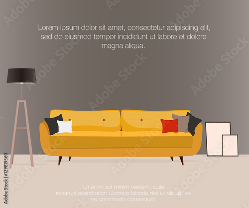 Living room. Furniture design. Sofa with pillows, lamp, pictures.