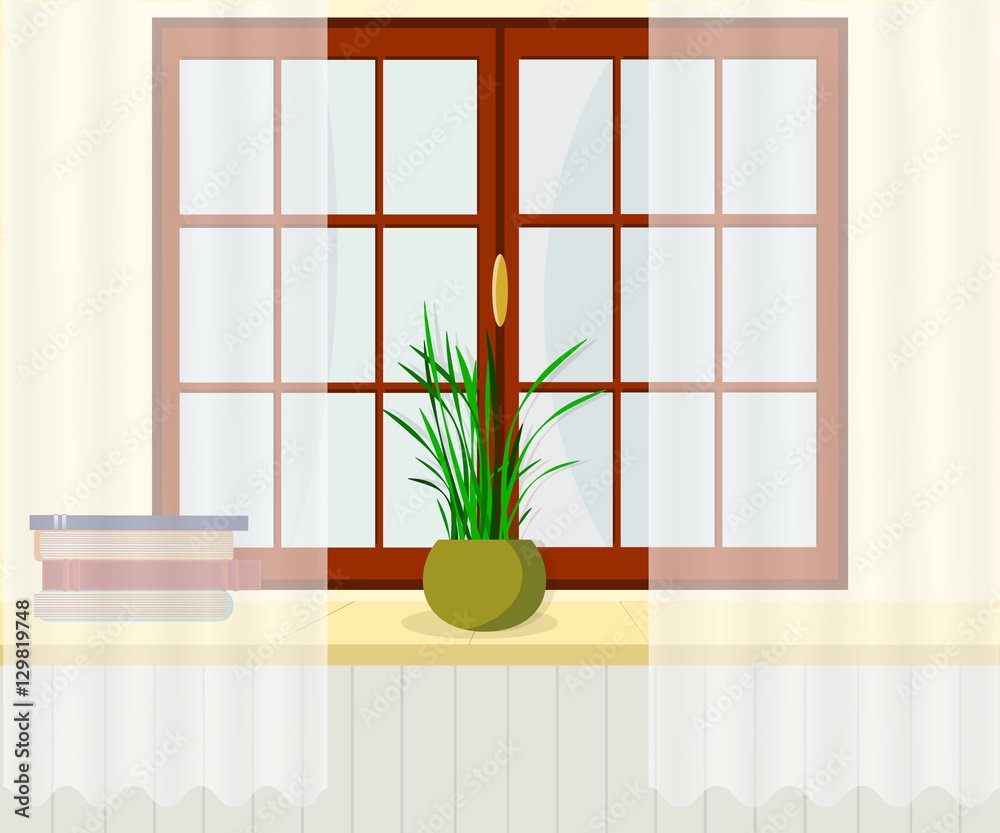 Fototapeta premium Interior. Window with windowsill, blinds/ books and plants.