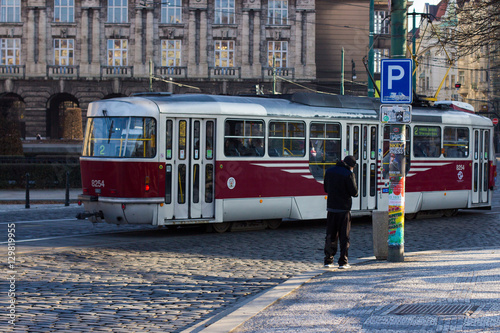 Photography public transport by red tram in Prague