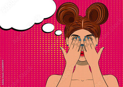 Pop art scared brunette woman face. Comic wooman with speech bubble. Vector illustration.