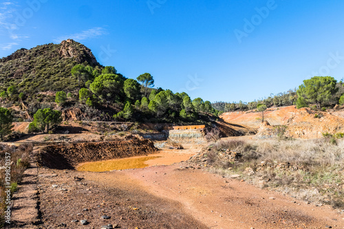 Panoramic view of remains in antique exploitation of copper mine in village Sotiel Coronada in  Huelva, Andalusia, Spain photo