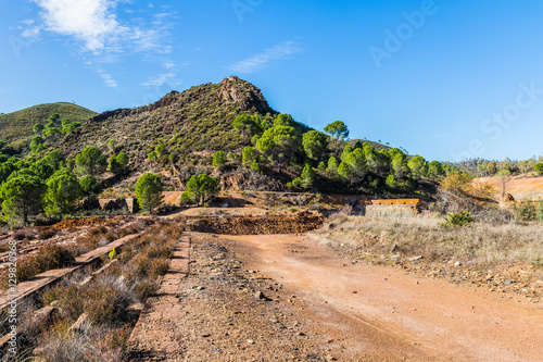 Panoramic view of remains in antique exploitation of copper mine in village Sotiel Coronada in Huelva, Andalusia, Spain