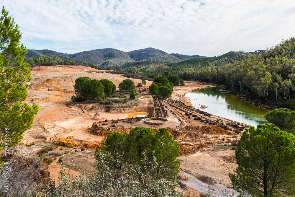 Panoramic view of antique exploitation of copper mine in village Sotiel Coronada in  Huelva, Andalusia, Spain