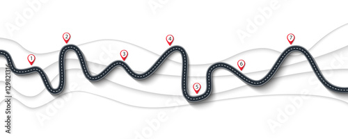 Road trip and Journey route. Winding Road on a white background with Pin Pointer. Vector EPS 10