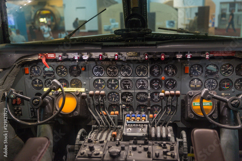 The cockpit of an old plane