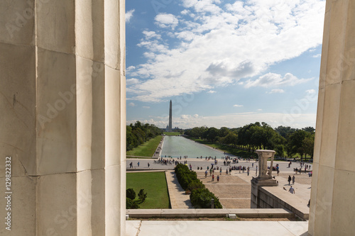 The view through the columns of the Lincoln Memorial to the Monu