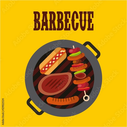 barbecue with grilled food over yellow background. colorful design. vector illustration