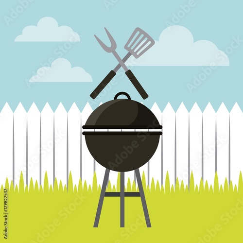 barbecue grill and kitchen utensils icon. colorful design. vector illustration