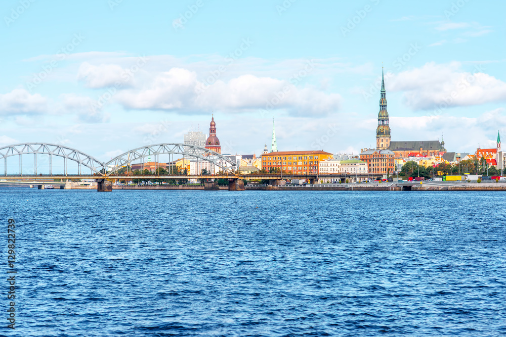 Panoramic view on the riverside of the old town of Riga in Latvia