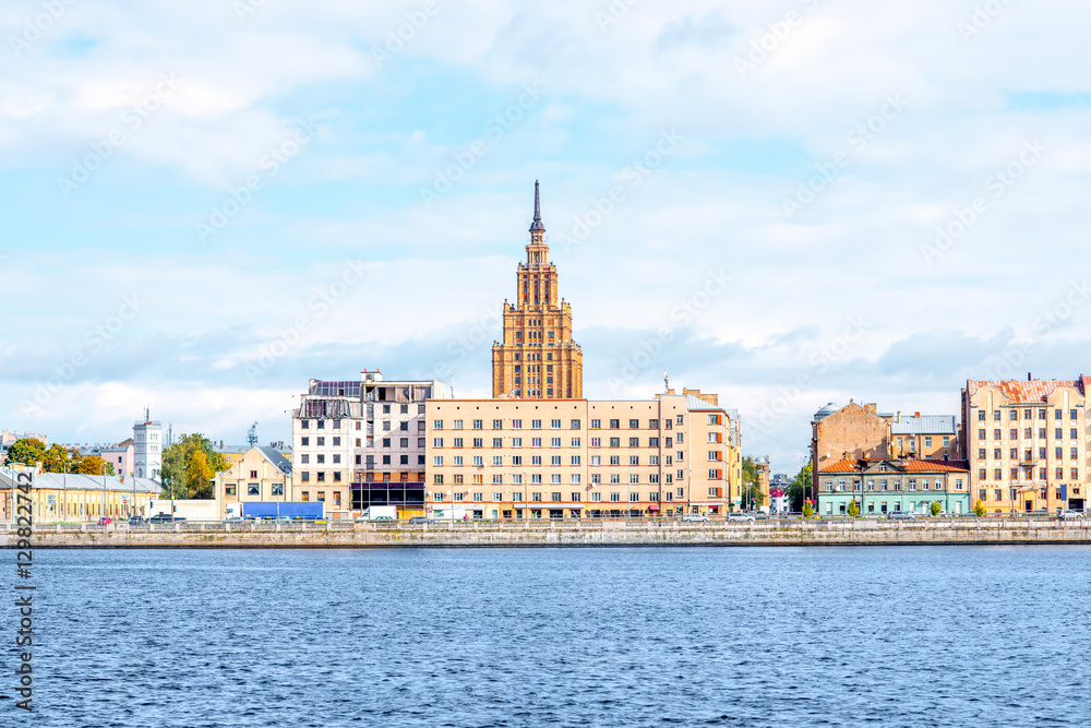 View on the riverside with Science Academy skyscraper in Riga, Latvia