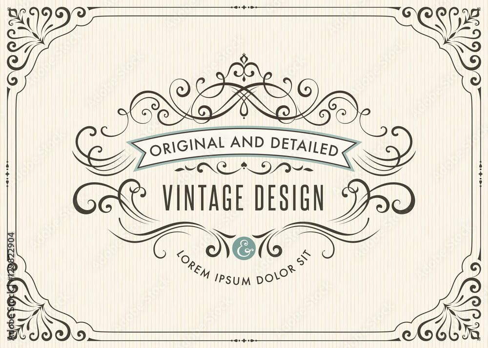 Horizontal vintage ornate greeting card with typographic design, calligraphy swirls and swashes. Can be used for retro invitations and royal certificates. Vector illustration.