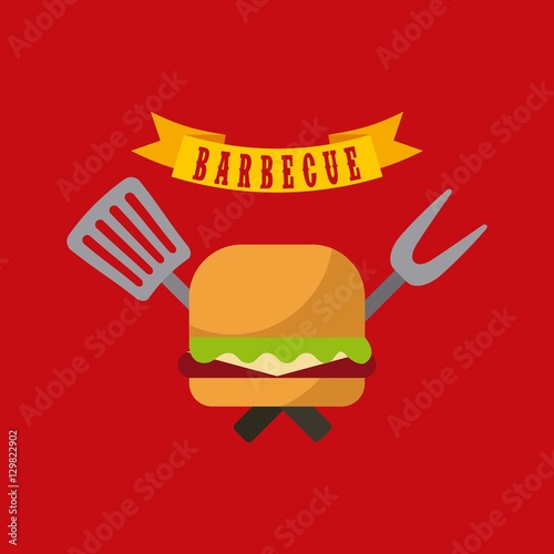 hamburger with barbecue utensils over red background. colorful design. vector illustration