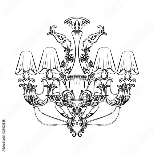 Exquisite Fabulous Imperial Baroque chandelier. Vector French Luxury rich intricated ornamented structure. Victorian Royal Style decor