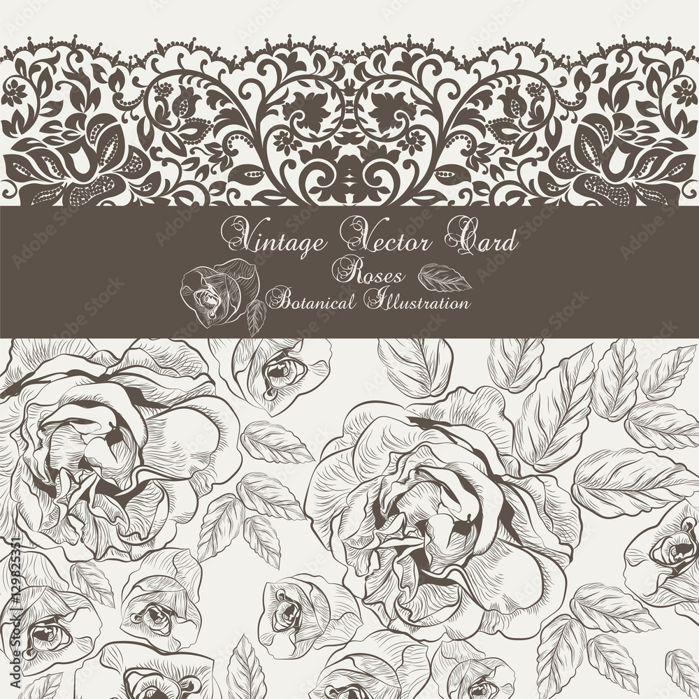 Vector Vintage Floral and lace Invitation card. Black and white Garden ...