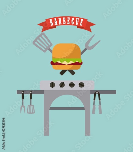 barbecue grill with hamburger and utensil icon over blue background. colorful design. vector illustration