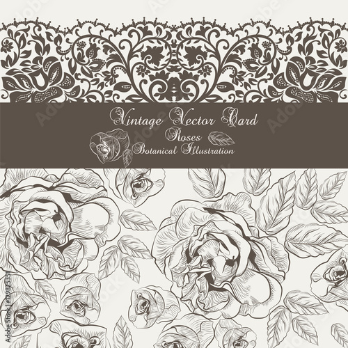 Vector Vintage Floral and lace Invitation card. Black and white Garden Roses. Festive Postcard for weddings, ceremony, events. Hand drawn engraved technique