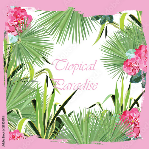 Tropic Pink Flowers and Green leaves card. Floral Paradise palm leaves jungle. Summer Vector Exotic background