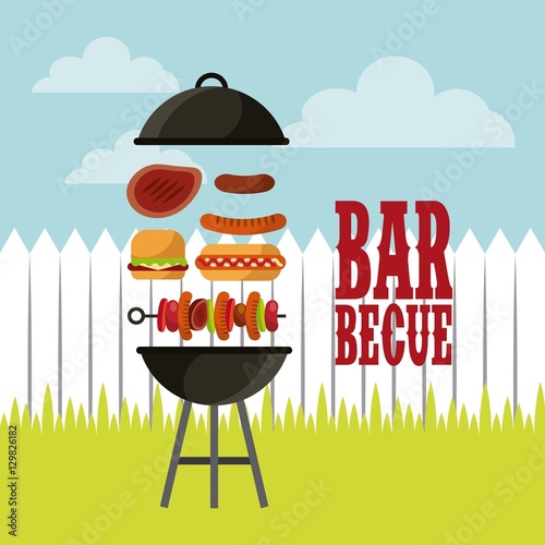 barbecue with grilled food icon over landscape  background. colorful design. vector illustration