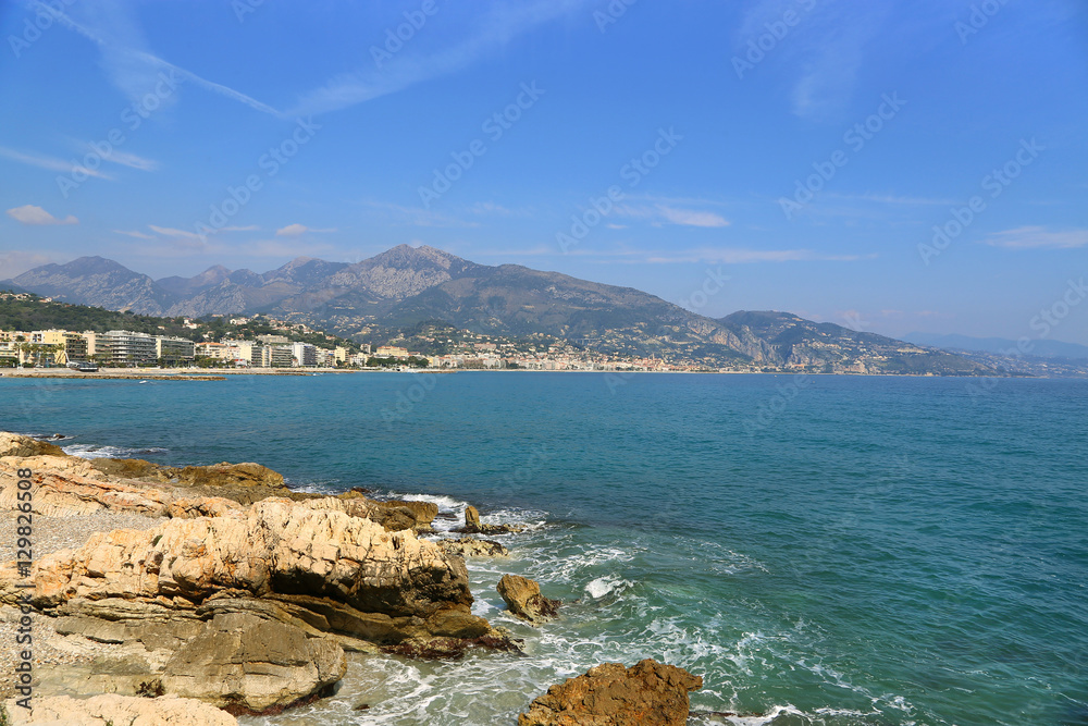 Beautiful sea view on Menton from Cap Martin, French Riviera, Fr