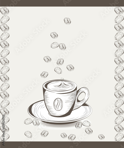Cup of coffee with coffee beans. Vector illustration engraved sketch style. O...