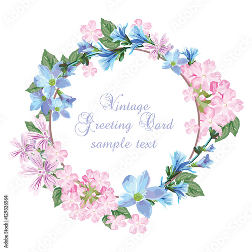 Summer Vintage wreath Greeting Card flowers, Illustration  Floral Wedding Inv...