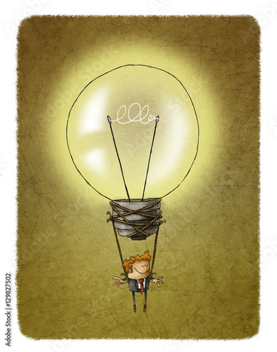 Idea concept of a light bulb air balloon with a businessman hanging from it
