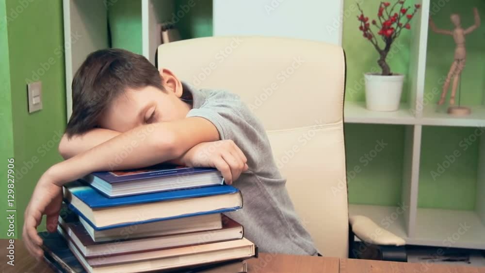 Little boy sleeping on a pile of books
